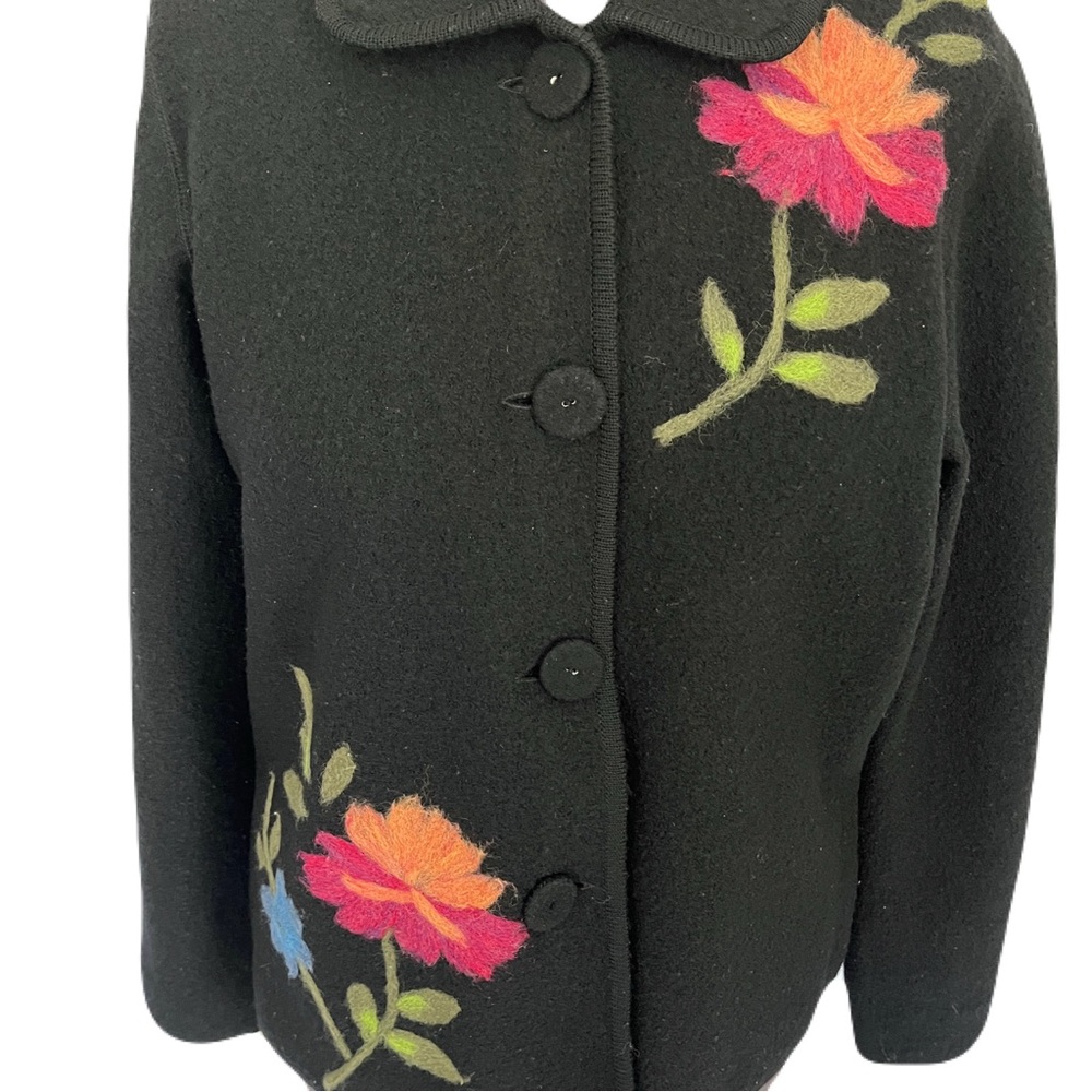 Itsu Black 100% Boiled Wool, Felted Floral Jacket, Size L - Picture 2 of 5